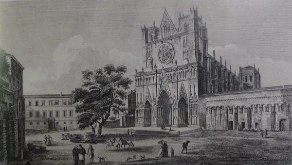 Engraving after a drawing by Jean-Baptiste Lallemand representing the primatiale
